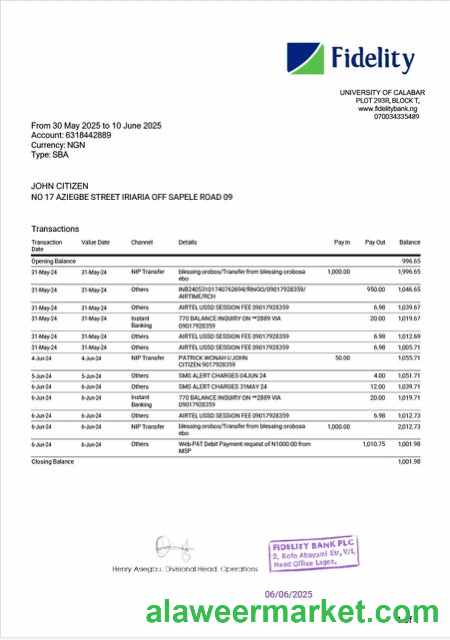 Nigerienia Fidelity bank statement Word and PDF template, version 2